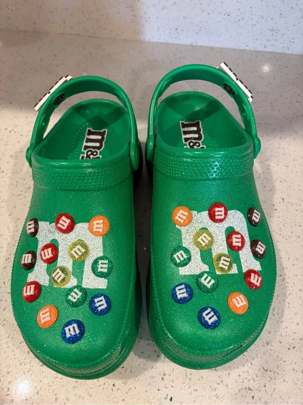 CROCS Green Glitter Platform Clogs with Colorful Candy Charms